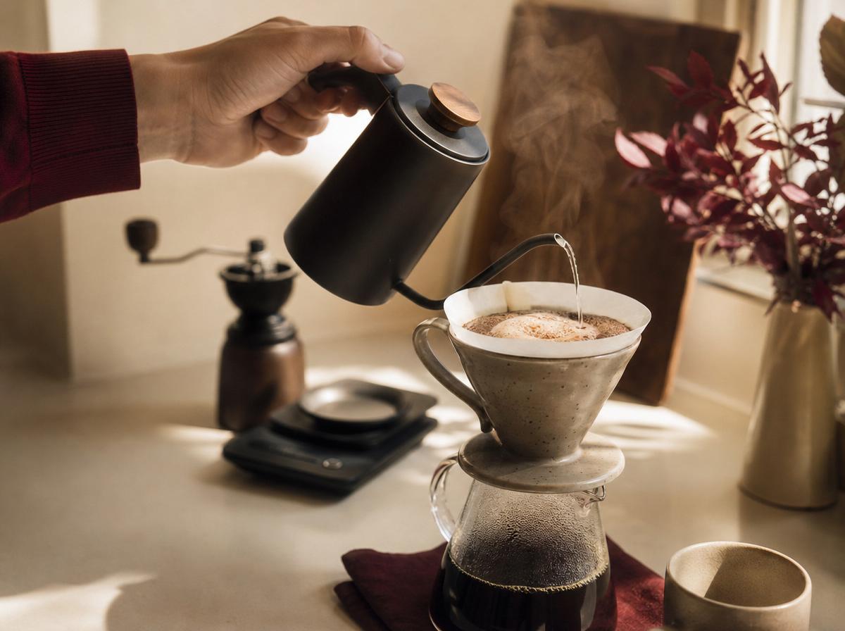 A hand pouring water from a gooseneck kettle over a ceramic pour-over cone, the coffee bed blooming and steam rising, with a hand grinder and scale behind.