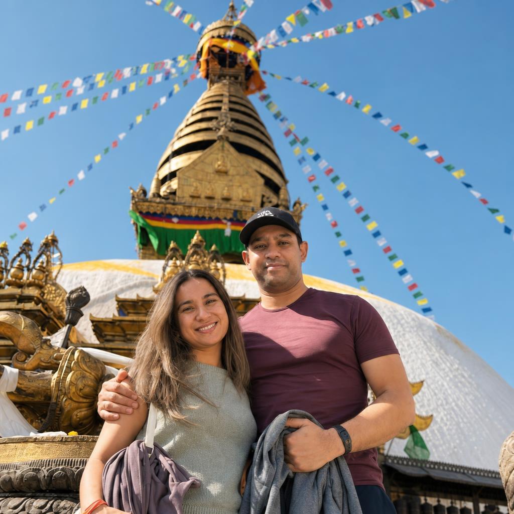 Taylor and Ashmita standing together in front of the Swayambhunath stupa in Kathmandu, prayer flags strung out behind them.