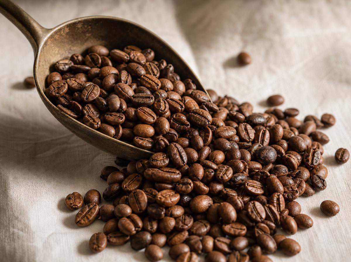 Freshly roasted medium-roast whole coffee beans spilling from a metal scoop onto cream-colored linen.