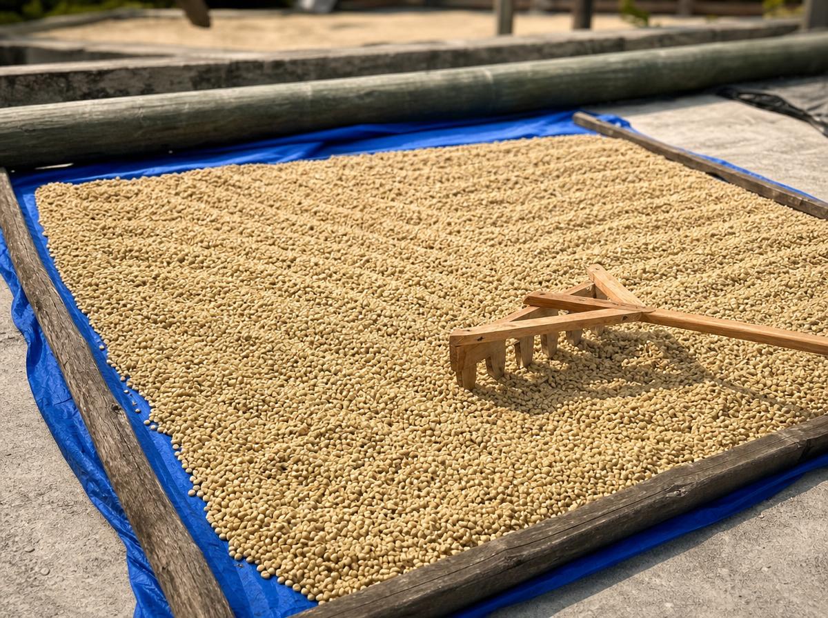 Coffee parchment drying in the sun on a raised bed lined with blue tarpaulin, a wooden rake laid across the beans.